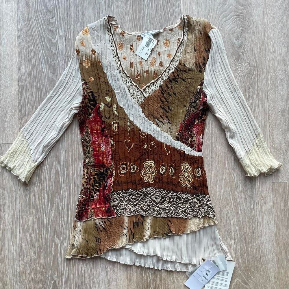 Alberto Makali brown and cream v-neck top with beaded details